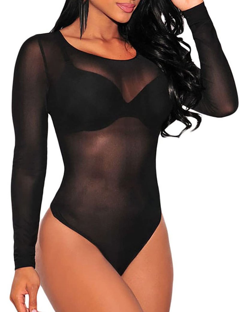 Lrady Women's Long Sleeves Stretchy Sheer Mesh Leotard Bodysuit Jumpsuit Tops